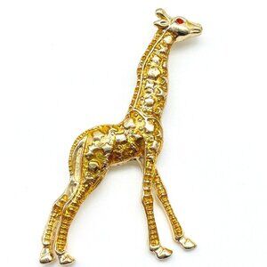 Signed ALI LANG Giraffe Brooch Gold Tone Red Eye Animal Pin